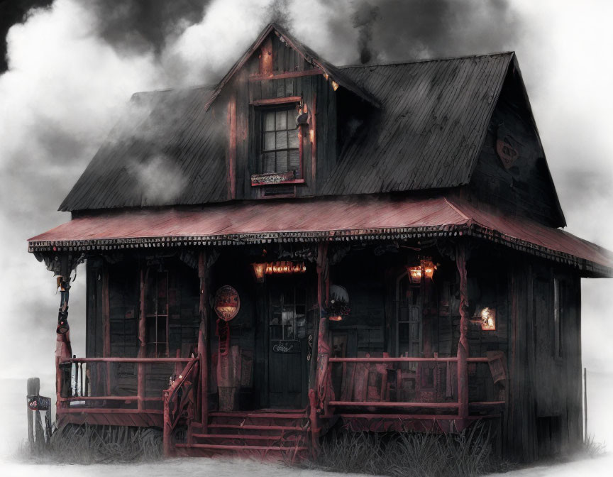 Mysterious Old Wooden House with Fog and Eerie Red Lighting