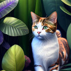 Orange and White Cat with Green Eyes in Lush Green Setting