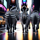 Zebras in City Street at Night with Illuminated Billboards