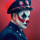 Clown with dramatic makeup in police uniform on red backdrop