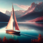 Tranquil sailboat on calm lake at sunrise