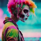 Vibrant multicolored hair and skull face paint on surreal background