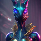 Futuristic alien-like figure with metallic blue body and golden accents