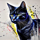 Black and White Cat with Green Eyes in Colorful Paint Splatter Environment