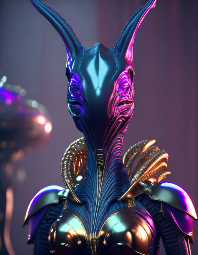 Futuristic alien-like figure with metallic blue body and golden accents