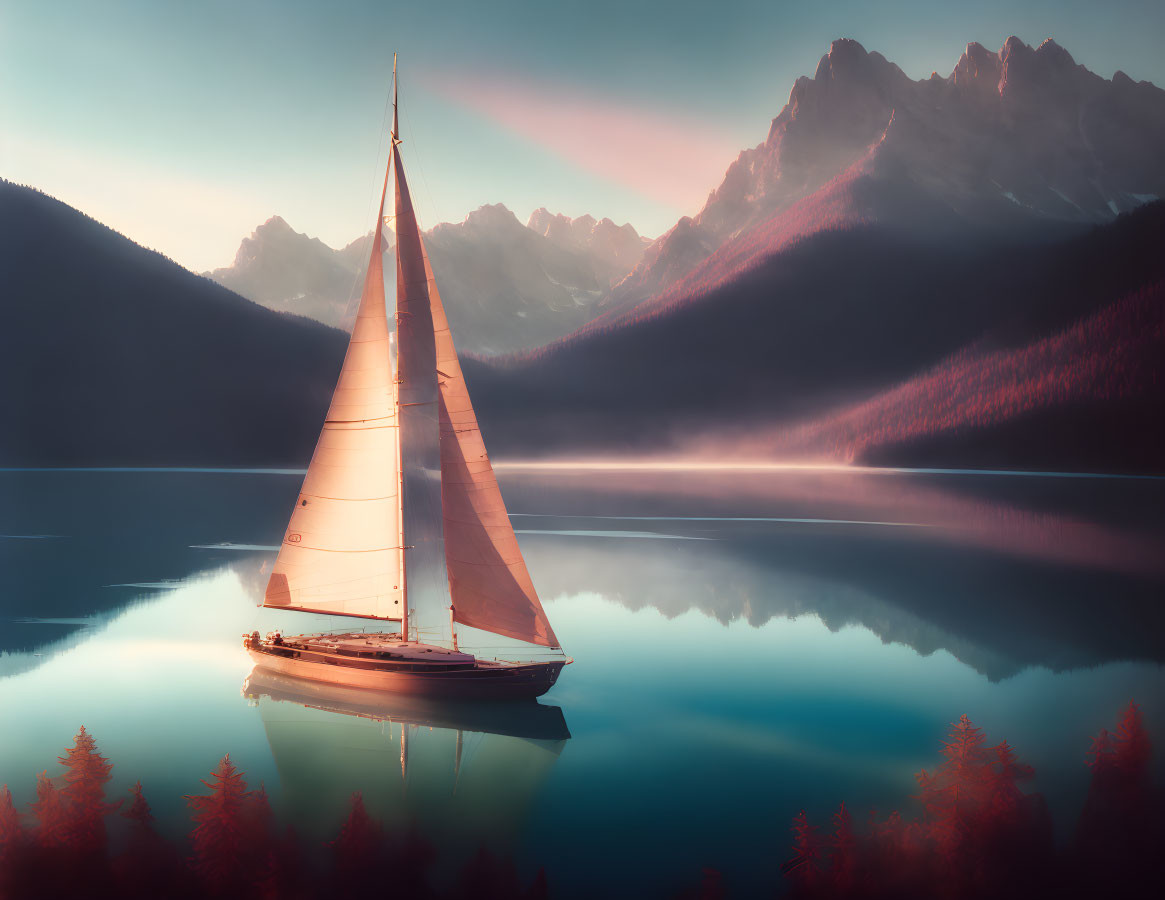 Tranquil sailboat on calm lake at sunrise