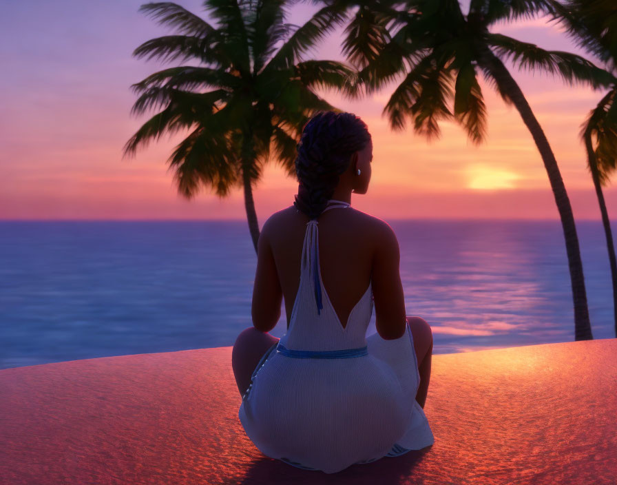 White-dressed person watching tropical sunset among palm trees