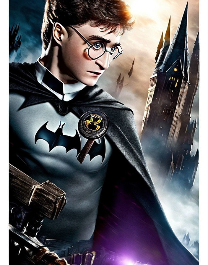 Mashup costume with Harry Potter and Batman elements at Hogwarts