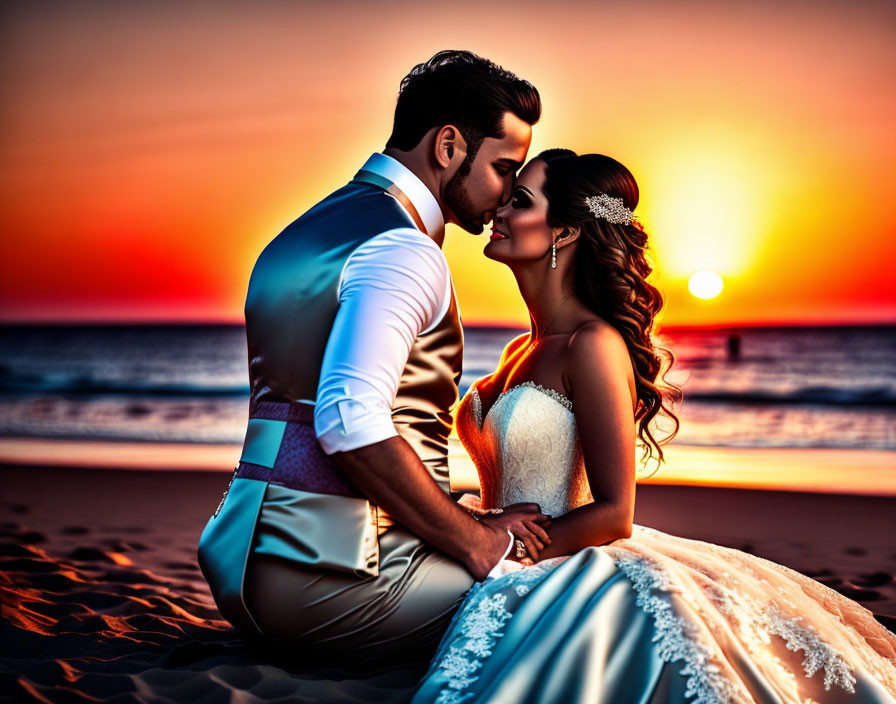 Wedding couple at sunset beach with vibrant sky