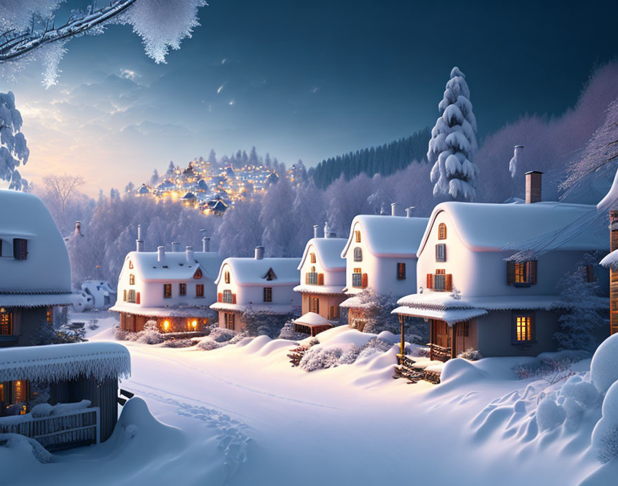 Snow-covered winter village with glowing lights and distant castle at twilight