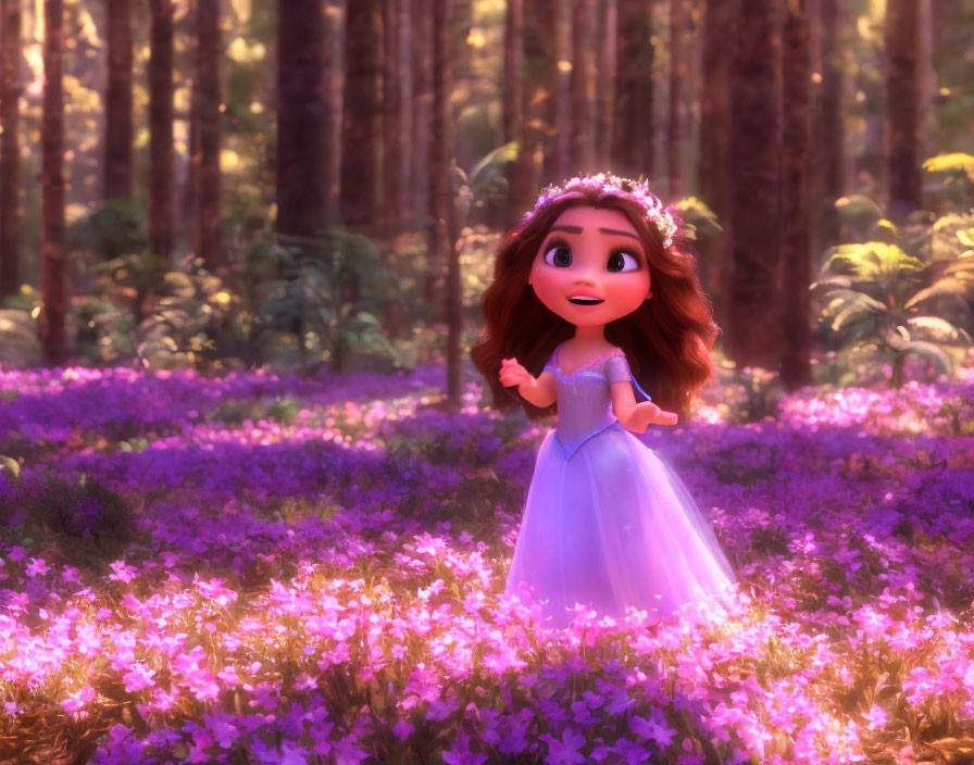 Animated princess with red hair in purple dress and tiara in sunny forest