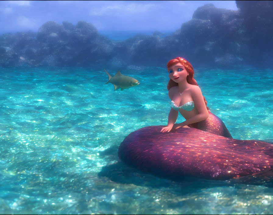 Red-haired animated mermaid on rock undersea with fish and sunlight.