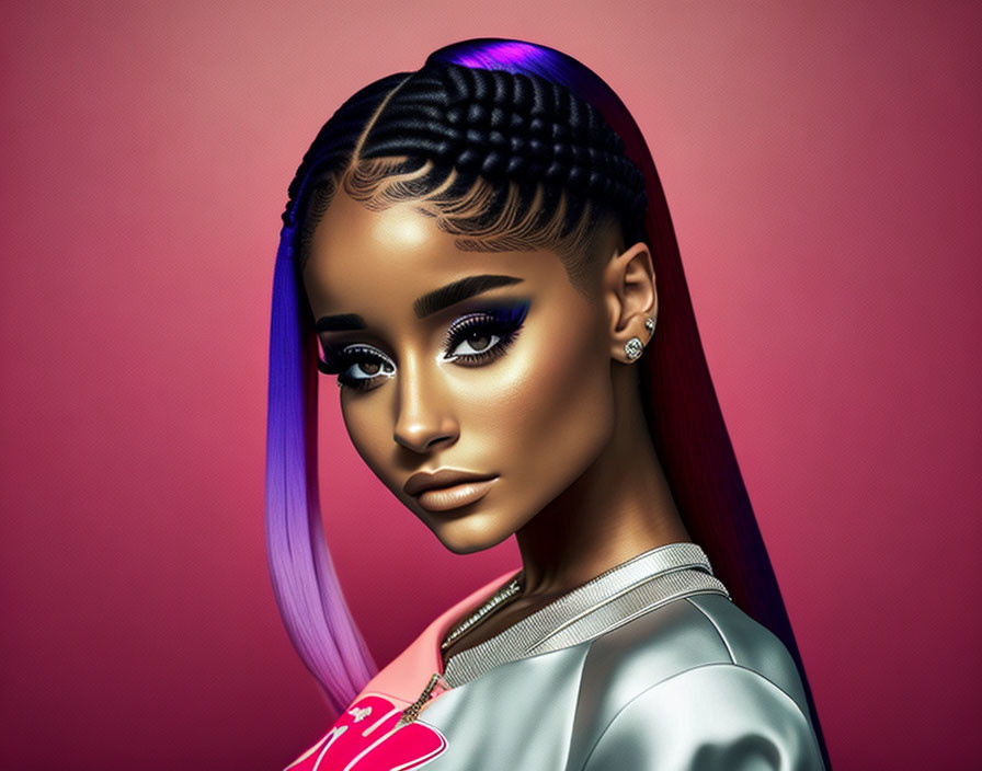 Digital artwork: Woman with blue & purple ombre hair in cornrows, makeup, grey top