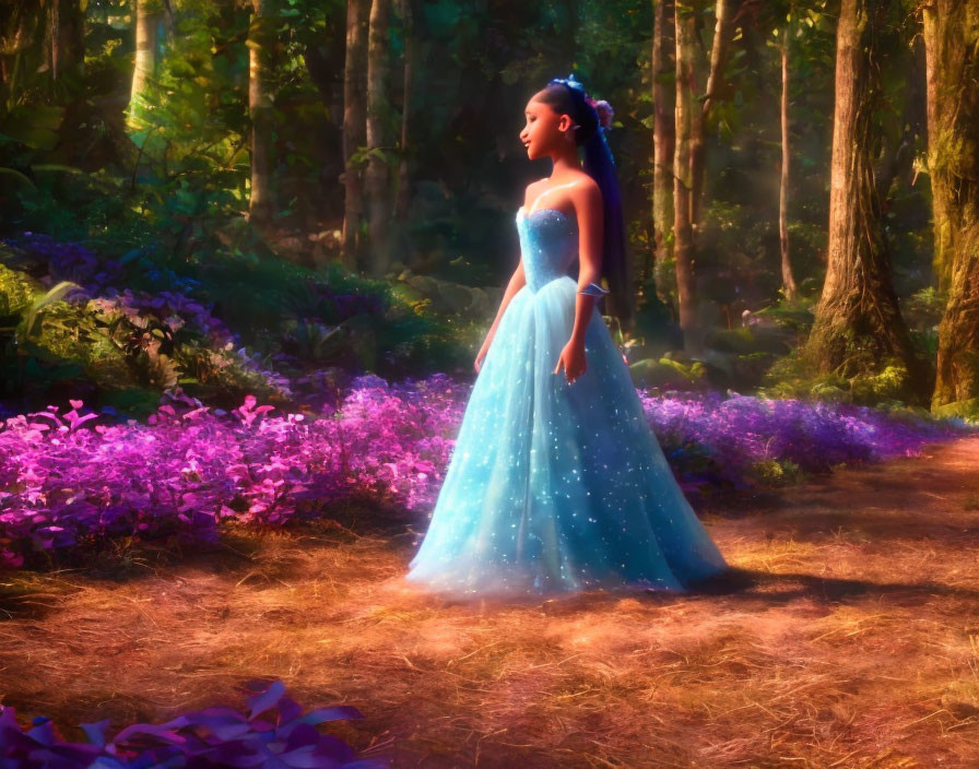 Woman in shimmering blue dress in magical forest glade with purple flowers