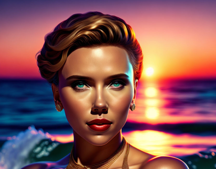 Woman with elegant updo and jewelry at vibrant ocean sunset