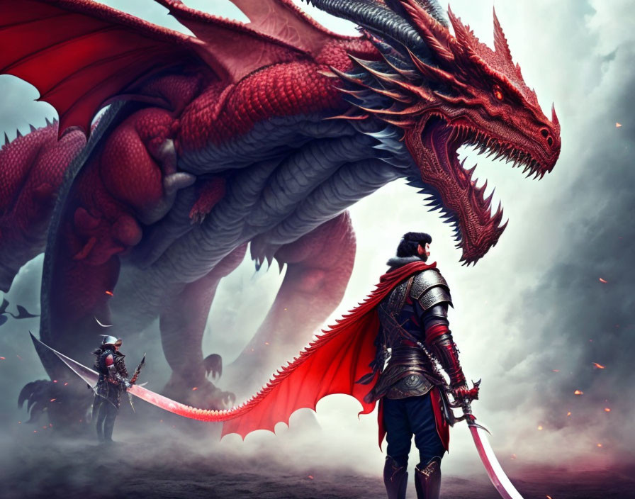 Knight in armor faces red dragon under stormy sky