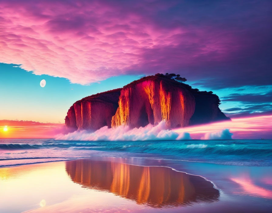 Colorful sunset over cliff island with crashing waves and moonlit beach