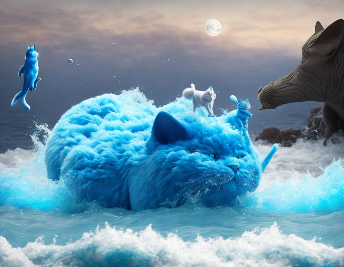 Giant blue cat-like creature in ocean with playful cats, leaping dolphin, and observing elephant under