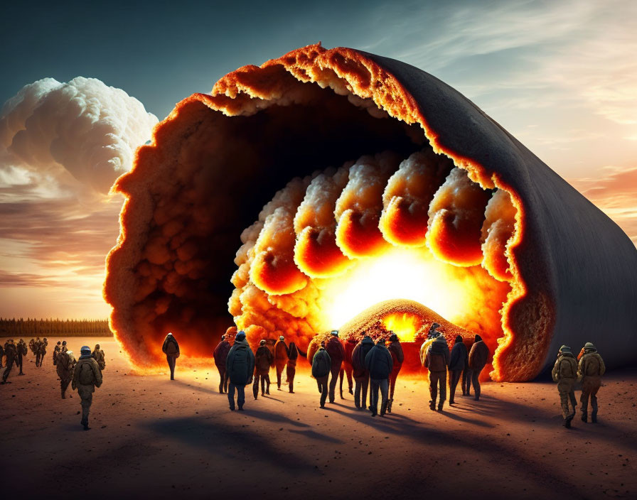 Massive skull-shaped explosion in egg-like structure at twilight