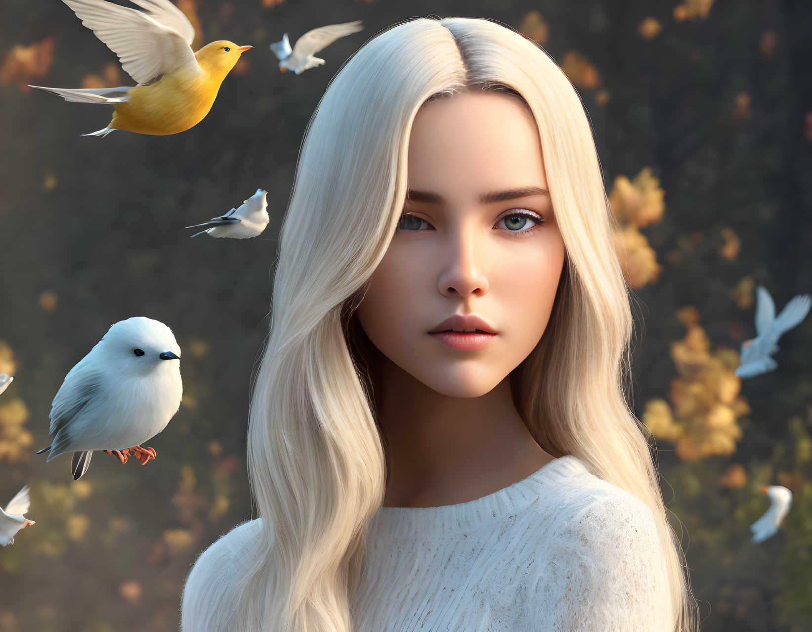 Blonde woman with birds in autumnal setting