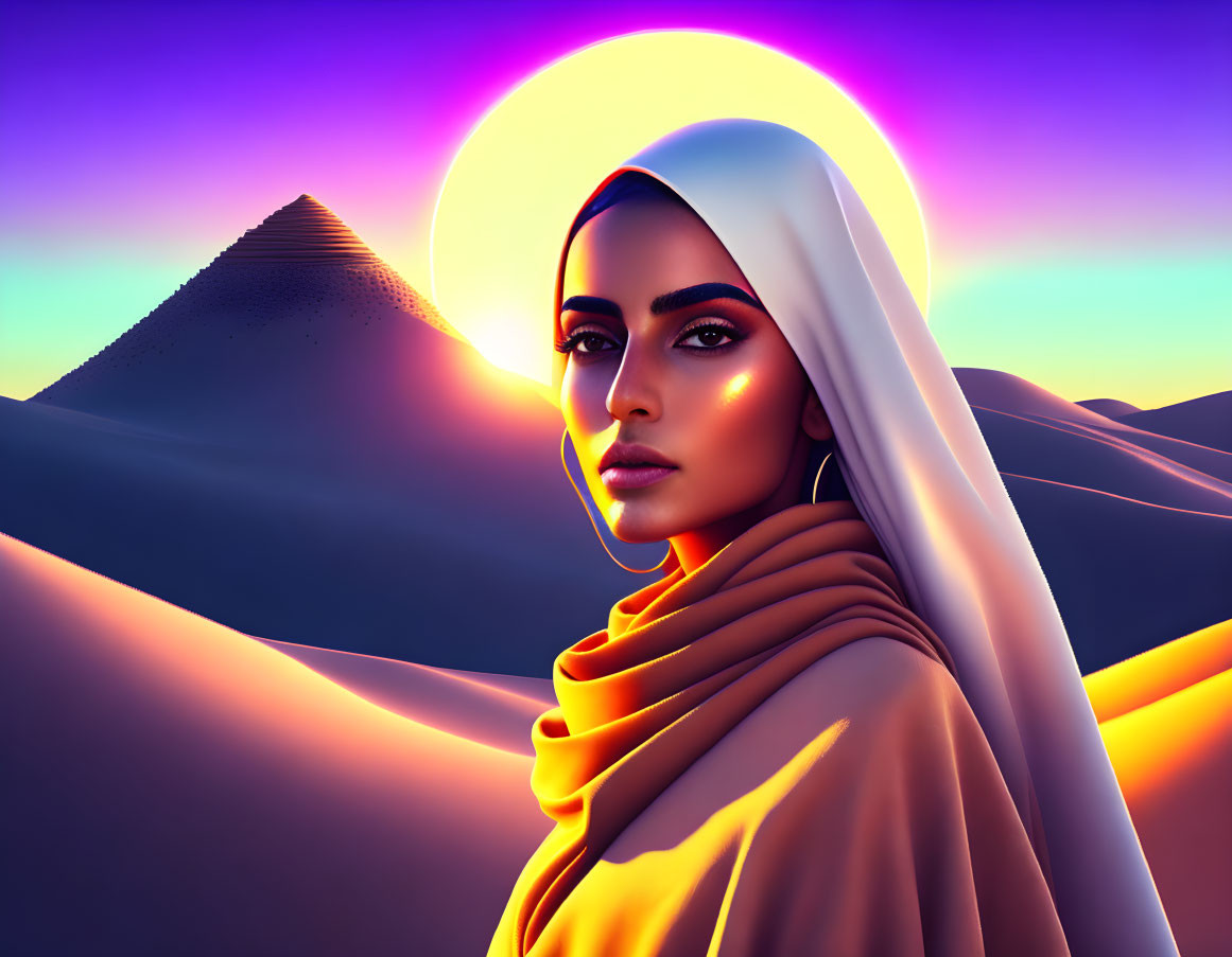 Woman in hijab at sunset near pyramid in desert landscape