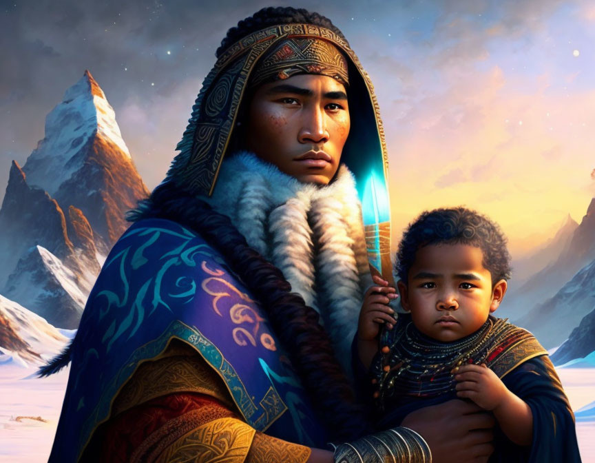 Man in traditional attire holding child with snowy mountains.