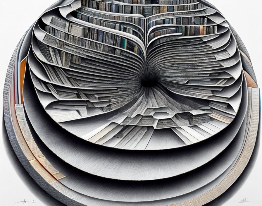 Surreal artwork: Books vortex with flowing pages in eye-like spiral