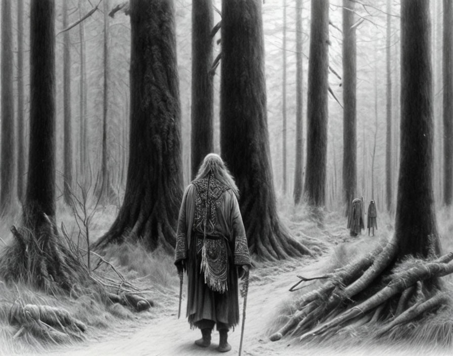 Historical figure with staff in misty forest.