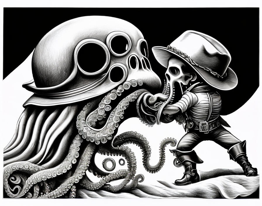 Monochrome illustration of skeletal cowboy facing octopus-like creature