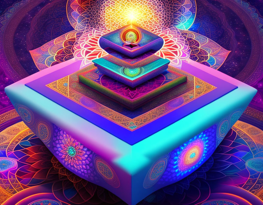 Colorful geometric shapes with flame motif: A vibrant digital artwork evoking meditation and spirituality