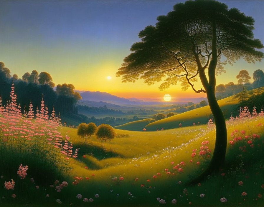 Serene sunrise landscape with pink flowers, rolling hills, and solitary tree