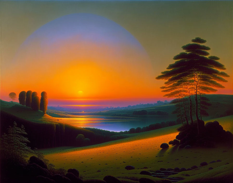 Tranquil lake scene with large sun, silhouetted trees, and colorful sunset sky