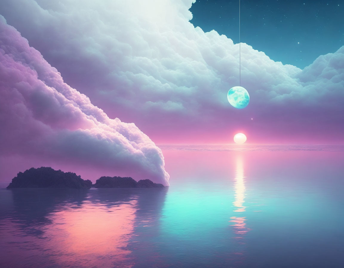 Surreal landscape with fluffy clouds, radiant moon, pink sea, setting sun, starry sky