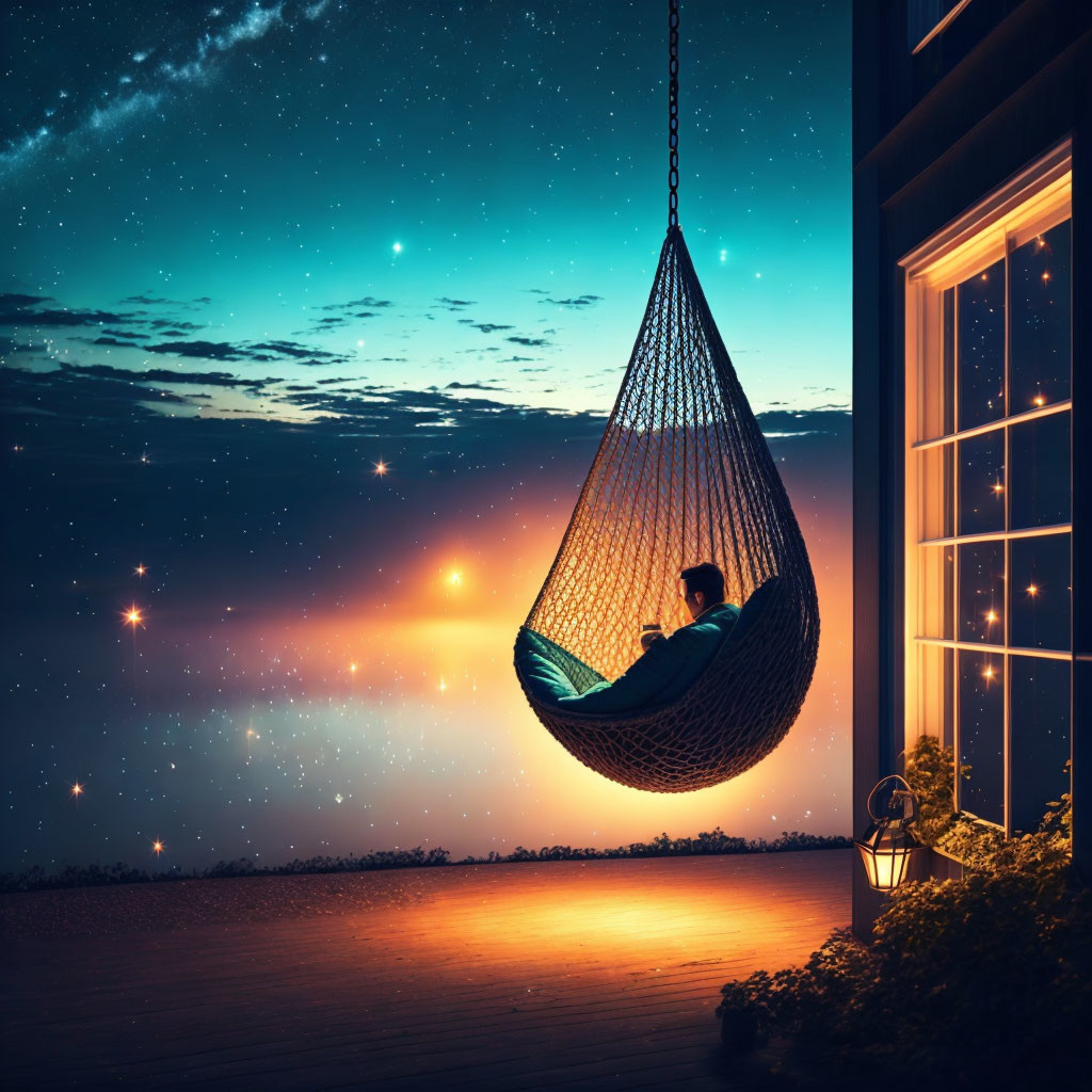 Person relaxing in hanging chair on wooden deck under star-filled sky