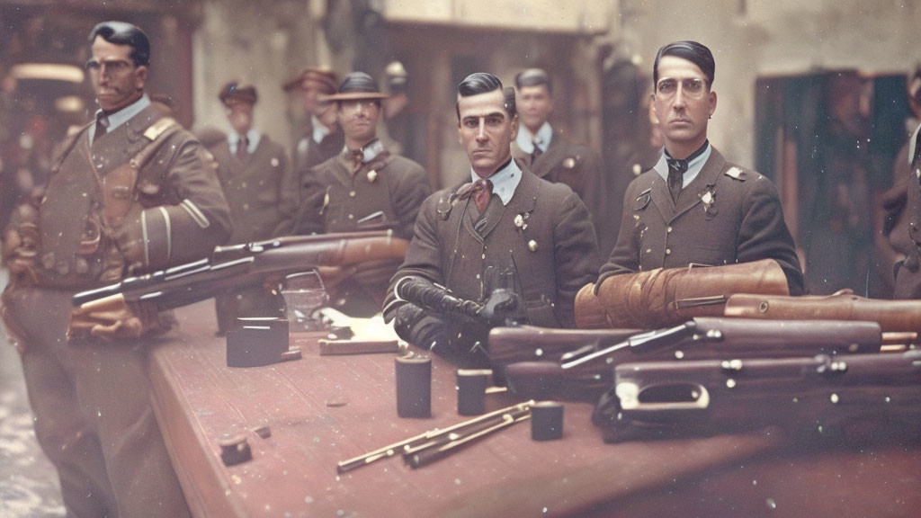 Vintage Military Uniforms Displayed with Rifles and Personnel in Background