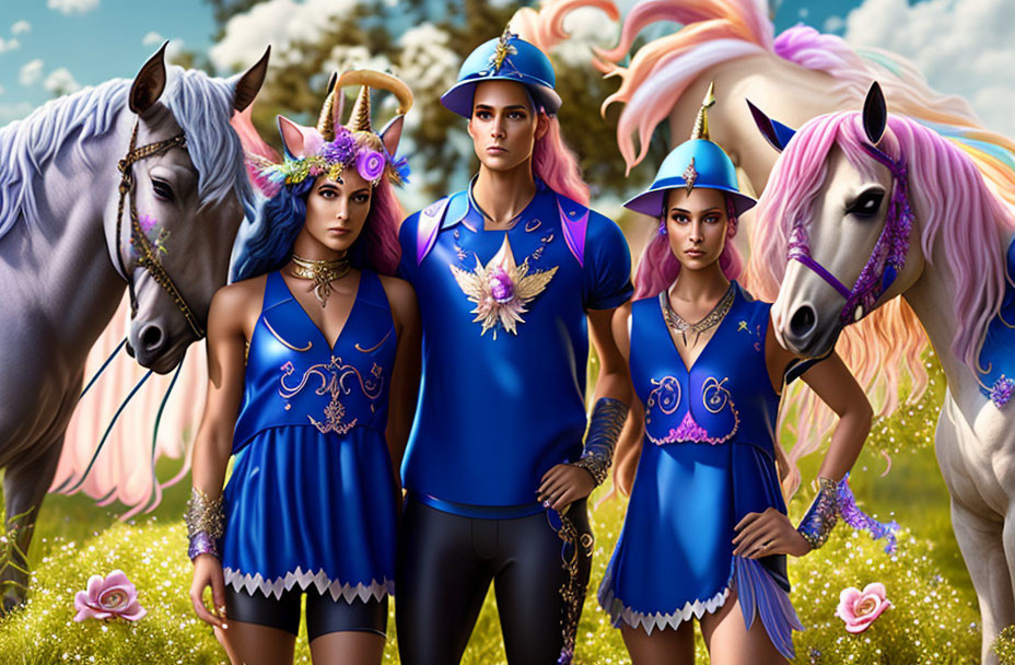 Fantasy characters with unicorn horns in floral meadow with two horses