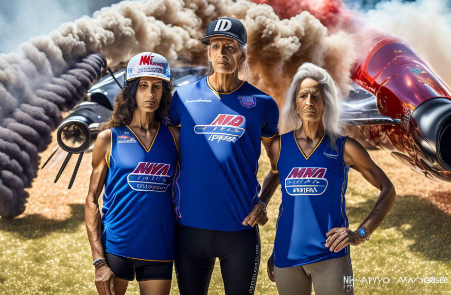 Three athletes in racing-themed attire posing confidently near a jet engine smoke trail.