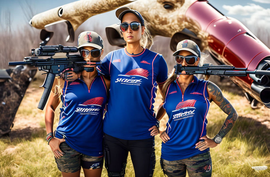 Three people in blue jerseys and camo shorts with guns in front of an aircraft with tusks