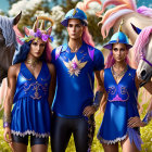 Three women in blue sporty outfits with visors, holding paintball guns, next to two horses