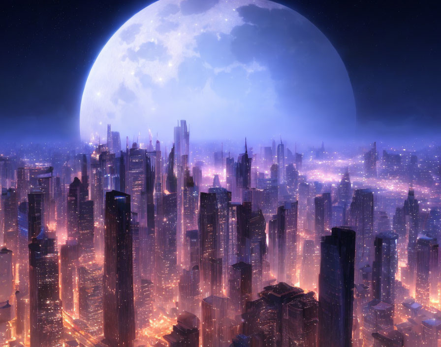 Futuristic cityscape with illuminated skyscrapers under large moon