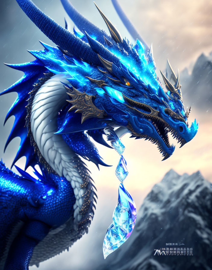 Blue dragon with glowing eyes exhales crystal breath in snowy mountain scene