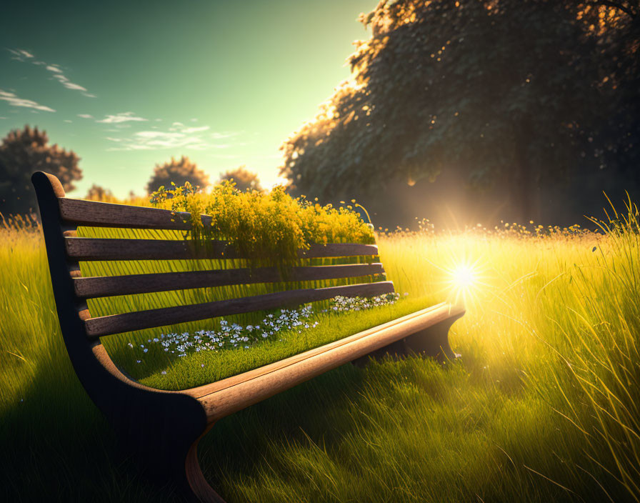 Tranquil sunrise scene with park bench and wildflowers