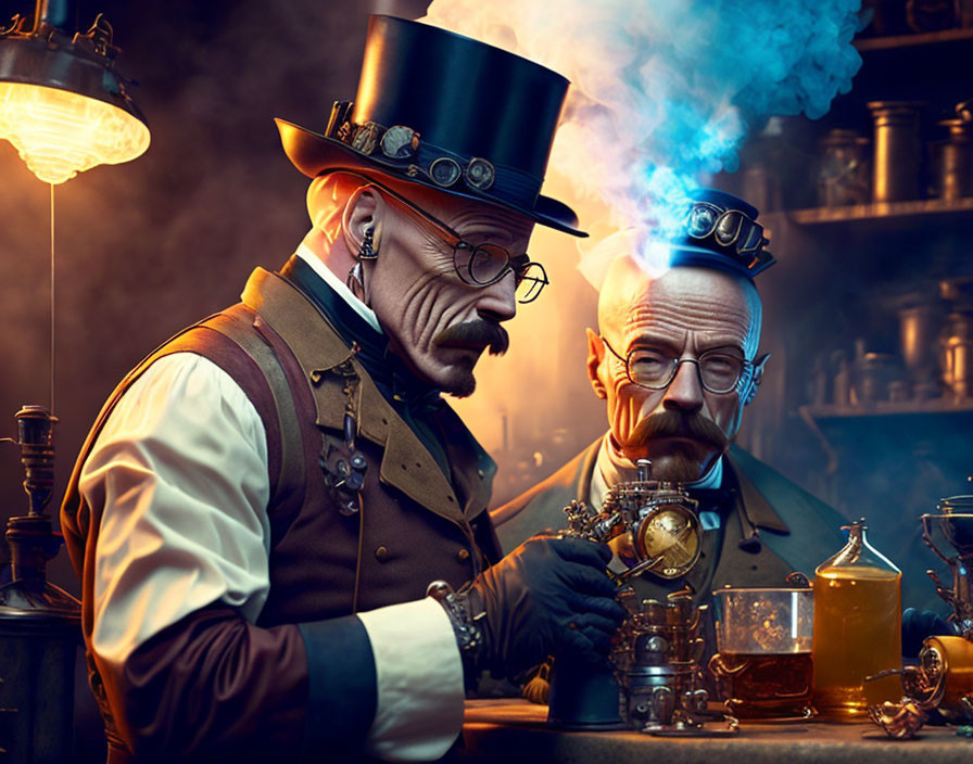 Steampunk-themed gentlemen with top hats and goggles in laboratory setting