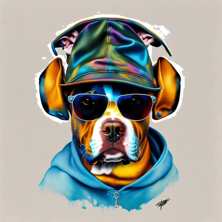 Colorful Sunglasses and Hoodie Dog Artwork with Graffiti Style