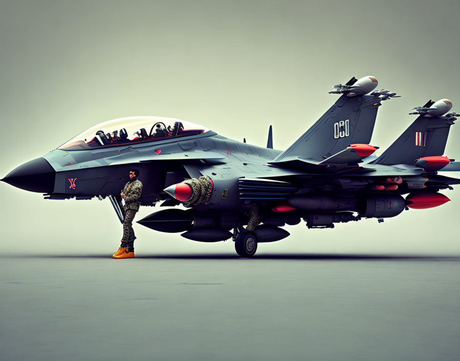 Camouflaged Pilot with Fighter Jet and Missiles on Grey Background