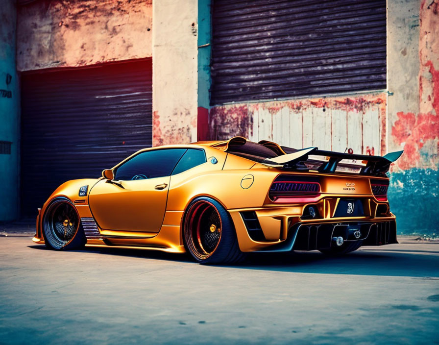 Custom golden sports car with rear spoiler and graffiti backdrop