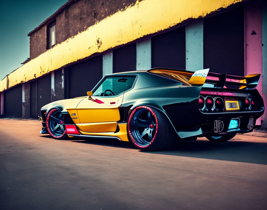 Custom Two-Tone Yellow and Gray Sports Car with Rear Spoiler and Red Wheels in Front of Industrial