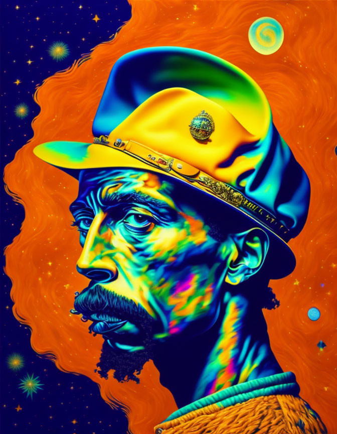 Colorful portrait of a man in military cap against starry cosmos background