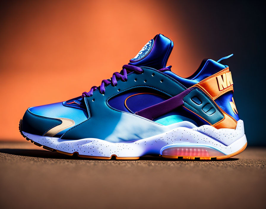 Blue and Purple Sneaker with Orange Nike Logo on Gradient Background