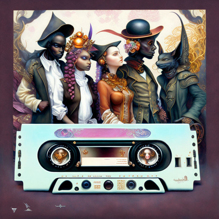 Surreal painting with four stylish figures and vintage cassette player